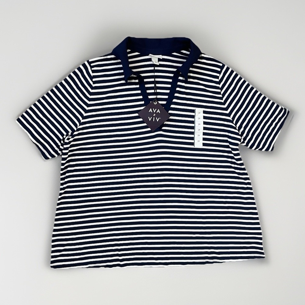 Ava & Viv Womens Plus Size 2X Collar‎ T-shirt Top Stripe Blue White V Neck New